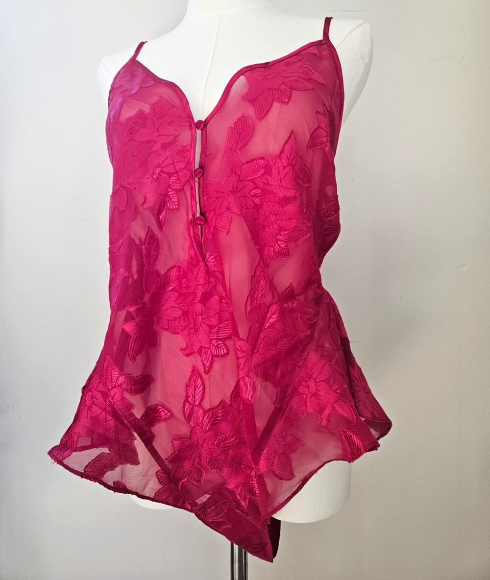 Vtg 90s Victoria Secret Gold Label Fuchsia Pink Sheer Floral Teddy Bodysuit M